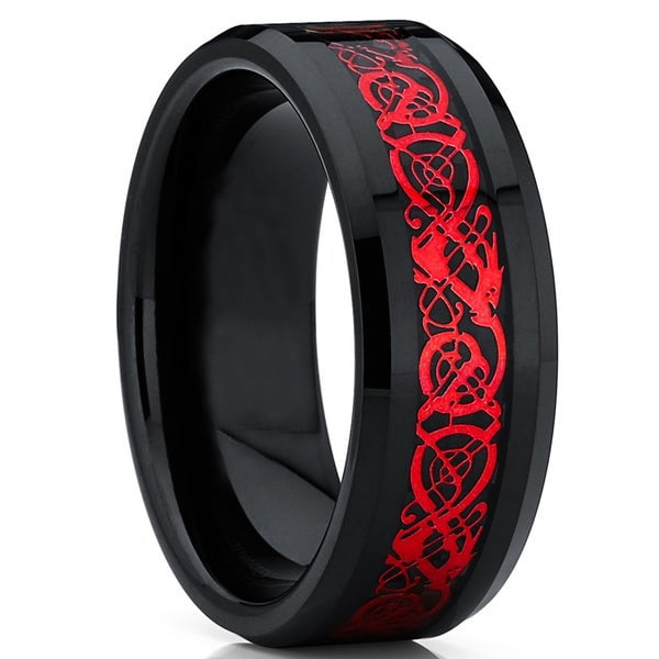 Size 13 FB Jewels Tungsten Red Carbon Fiber Inlay Polished Beveled Edges Mens Comfort-fit 8mm Size 13 Wedding Anniversary Band Ring 
